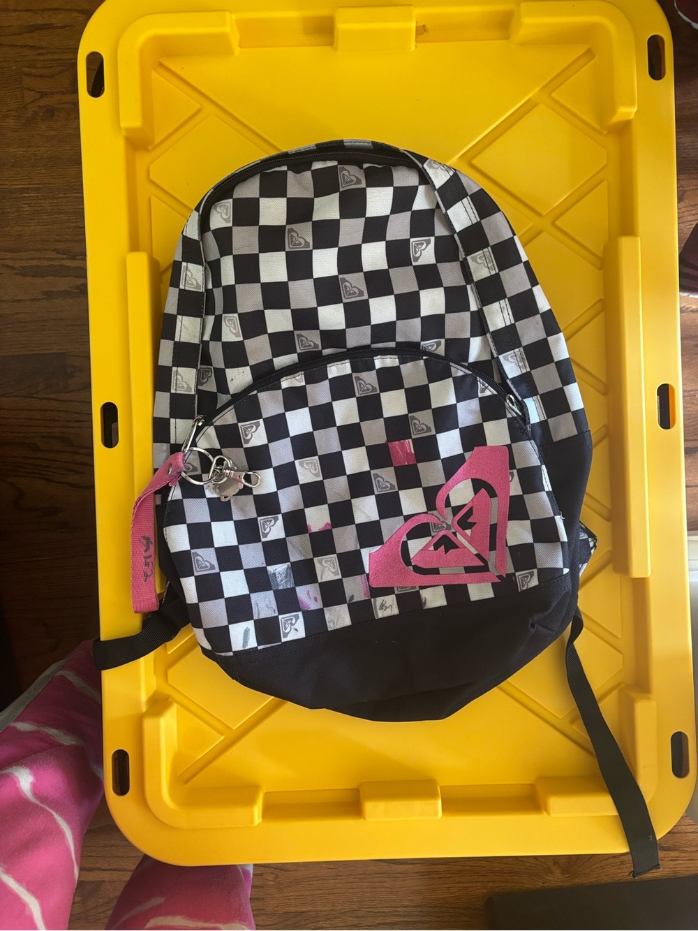Roxy Black & White Checkerboard Backpack with Pink Heart Logo